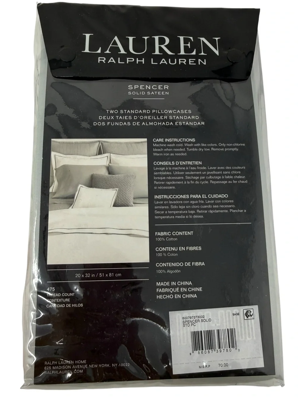 Lauren Ralph Lauren 2 Standard Pillowcases Spencer Solid Sateen Sage green NWT